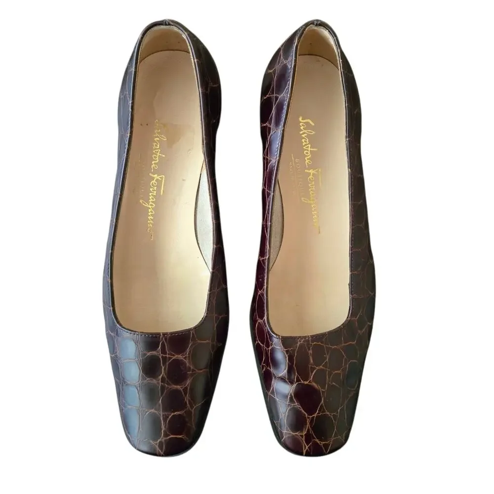 Vintage Salvatore Ferragamo Croc Embossed Low Wedge Loafer Shoes Brown 6 B Italy
